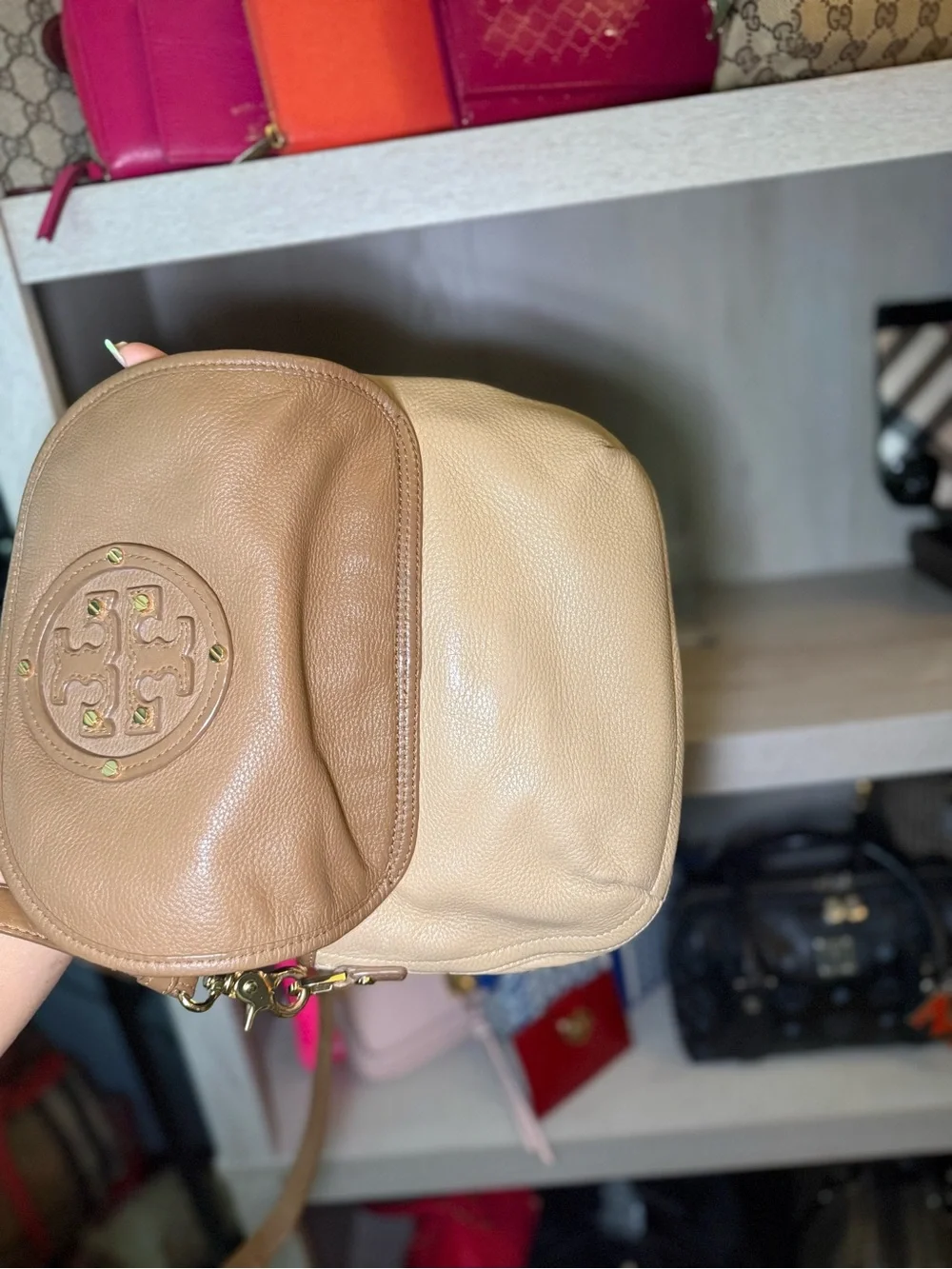 Tory Burch Two-Tone Camel and Beige Pebbled Leather Crossbody